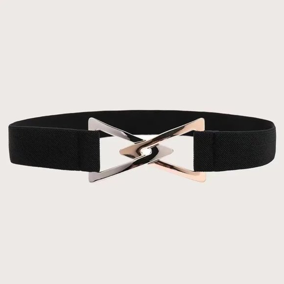 Belt Waist Strap Triangle Buckle Black Silver Stretchy Trendy Glam Stylish New - Picture 2 of 3